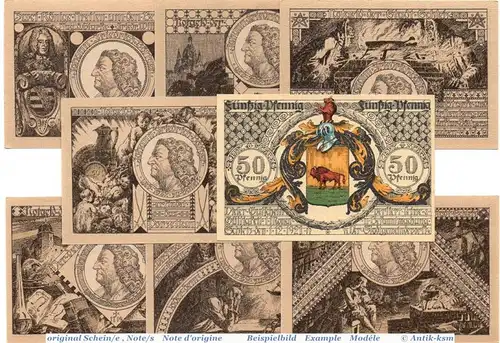 Notgeld der Stadt Schleiz , 1180.1 kassenfrischer Satz mit 8 Scheinen von 1921 , Schlesien Serinnotgeld