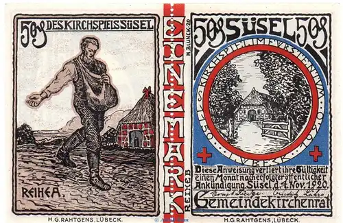 Notgeld Kirchspiel Süsel 1301.1 , 50 + 50 Pfennig Doppelschein in kfr. von 1920 , Schleswig Holstein Seriennotgeld