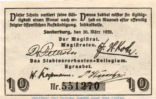 Notgeld Stadt Sonderburg 1240.1 , 10 Pfennig Schein in kfr. von 1920 , dänisch Nordschleswig Seriennotgeld