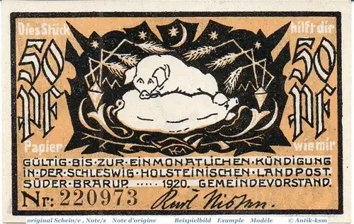 Notgeld Süderbrarup , 50 Pfennig Schein in kfr. Mehl Grabowski 1294.5 , von 1920 , Schleswig Holstein Seriennotgeld