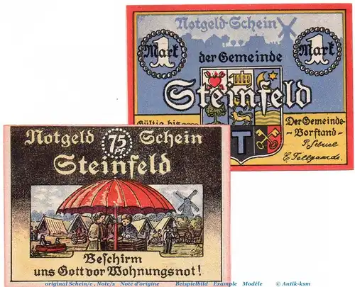 Notgeld Gemeinde Steinfeld 1262.5 , Set Beschirm mit 2 Scheinen in kfr. o.D. , Schleswig Holstein Seriennotgeld