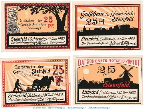 Notgeld Gemeinde Steinfeld 1262.4 , Set mit 4 Scheinen in kfr. von 1920 , Schleswig Holstein Seriennotgeld