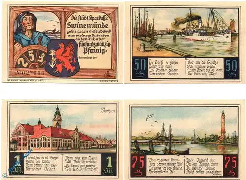 Notgeld Swinemünde , Set mit 4 Scheinen , Mehl Grabowski 1306.1 , von 1922 , Pommern Seriennotgeld