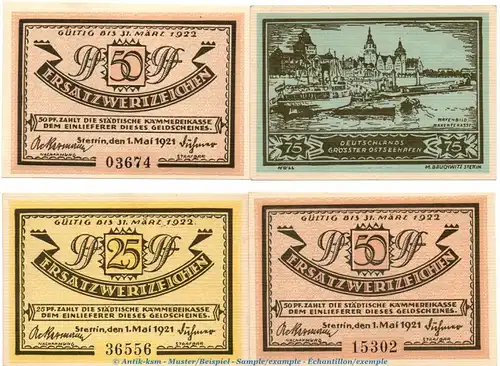 Notgeld Stadt Stettin 1270.1 , Set mit 4 Scheinen in kfr. von 1921  , Pommern Seriennotgeld