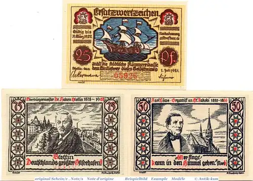 Notgeld Stettin , Set mit 3 Scheinen in kfr. Mehl Grabowski 1270.2 , von 1921 , Pommern Seriennotgeld