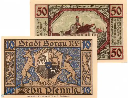 Notgeld Sorau , Set mit 2 Scheinen in kfr. Mehl Grabowski 1247.1 , von 1921 , Brandenburg Seriennotgeld