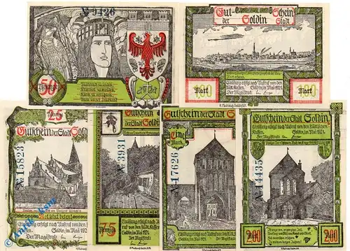 Notgeld Stadt Soldin 1235.2 , Set -grün- mit 6 Scheinen in kfr. von 1921 , Brandenburg Seriennotgeld