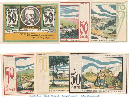 Notgeld Eifelverein Speicher 1248.1 , Set mit 6 Scheinen in kfr. von 1921 , Rheinland Seriennotgeld