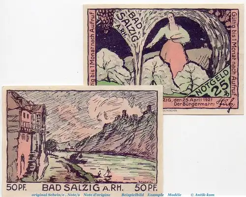 Notgeld Gemeinde Bad Salzig 1158.1 , Set mit 2 Scheinen in kfr. von 1921 , Rheinland Seriennotgeld