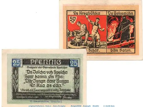 Notgeld Gemeinde Speicher i.d. Eifel 1249.1 , Set mit 2 Scheinen in kfr. von 1921 , Rheinland Seriennotgeld