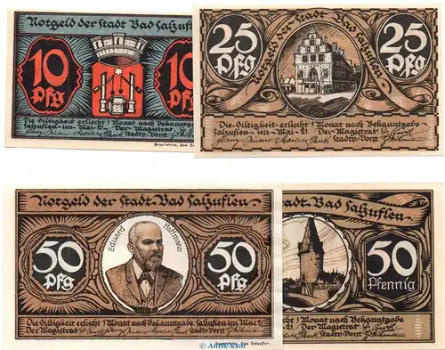Notgeld Bad Salzuflen 1159.1 , Set mit 4 Scheinen in kfr. von 1921 , Westfalen Seriennotgeld