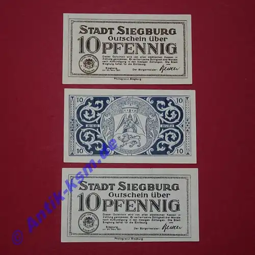 Siegburg , Notgeld Set mit 3 Scheinen in kfr. M-G 1225.1 , Westfalen 1921 Seriennotgeld