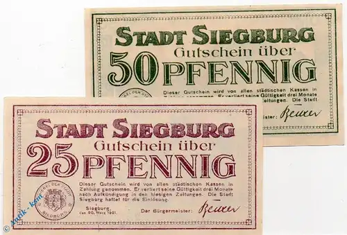 Notgeld Siegburg , Set mit 2 Scheinen kfr. Mehl Grabowski 1225.3 , von 1921 , Westfalen Seriennotgeld