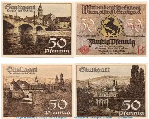 Notgeld Stadt Stuttgart 1289.1 , Set mit 4 Scheinen in kfr. von 1921 , Baden Württemberg Seriennotgeld
