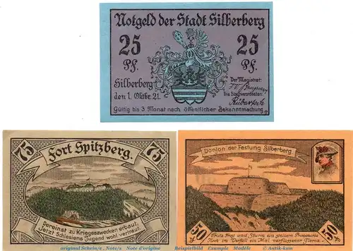 Notgeld Stadt Silberberg 1228.2 , Set mit 3 Scheinen in kfr. von 1921 , Schlesien Seriennotgeld