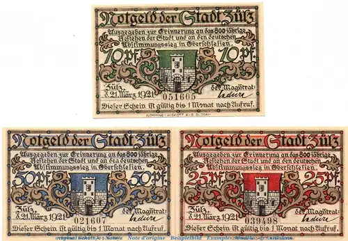 Notgeld Stadt Züls 1477.1 , Set mit 3 Scheinen in kfr. von 1921 , Schlesien Seriennotgeld