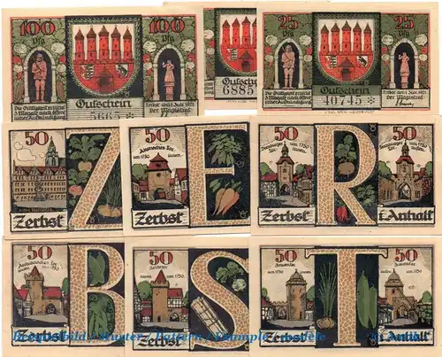 Notgeld Zerbst , Set mit 9 Scheinen in kfr. Mehl Grabowski 1469.2 , von 1921 , Sachsen Anhalt Seriennotgeld