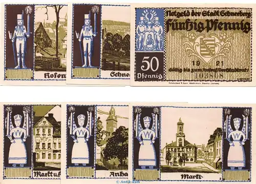 Notgeld Stadt Schneeberg 1190.1 , Set mit 6 Scheinen in kfr. von 1921 , Sachsen Seriennotgeld