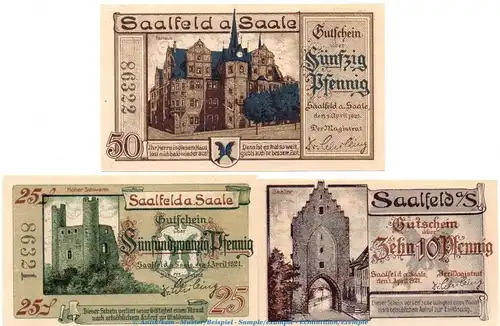 Notgeld Stadt Saalfeld 1155.1 , Set mit 3 Scheinen in kfr. von 1921 , Thüringen Seriennotgeld