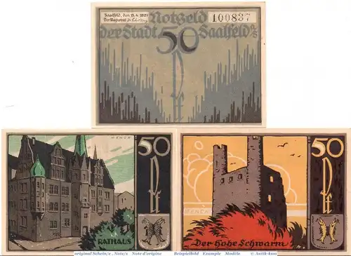 Notgeld Saalfeld , Set mit 3 Scheinen in kfr. Mehl Grabowski 1155.3 , von 1921 , Thüringen Seriennotgeld