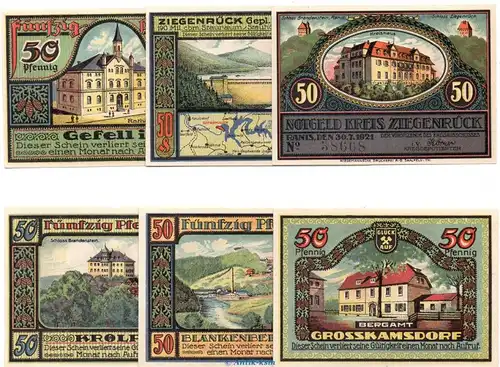 Notgeld Stadt Ziegenrück 1471.1 , Set mit 6 Scheinen in kfr. von 1921 , Thüringen Seriennotgeld