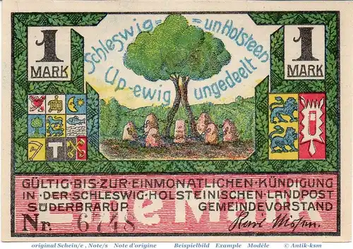 Notgeld Süderbrarup , 1 Mark Schein in kfr. Mehl Grabowski 1294.4 , von 1920 , Schleswig Holstein Seriennotgeld 