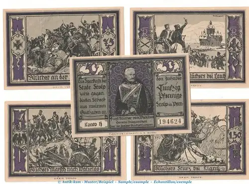 Notgeld Sparkasse Stolp 1275.5 , Blücher Set mit 5 Scheinen in kfr. o.D. Pommern Seriennotgeld