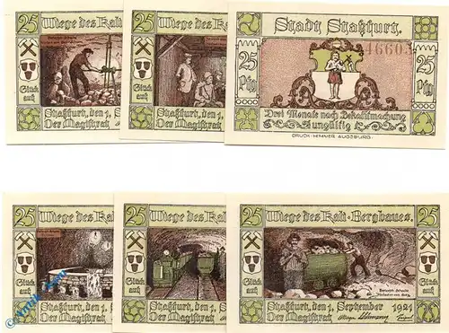 Notgeld Staßfurt , Set mit 6 Scheinen , gelbgrün , Mehl Grabowski 1256.2 , von 1921 , Sachsen Anhalt Seriennotgeld
