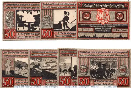 Notgeld Stendal , Set mit 7 Scheinen in kfr. Mehl Grabowski 1267.1 , von 1921 , Sachsen Anhalt Seriennotgeld