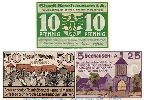 Notgeld Stadt Seehausen 1215.1 , Set mit 3 Scheinen in kfr. von 1921 , Sachsen Anhalt Seriennotgeld