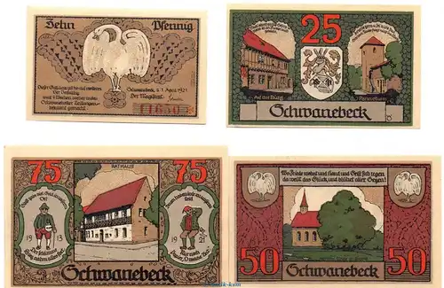 Notgeld Stadt Schwanebeck 1206.1 , Set mit 4 Scheinen in kfr. von 1921 , Sachsen Anhalt Seriennotgeld