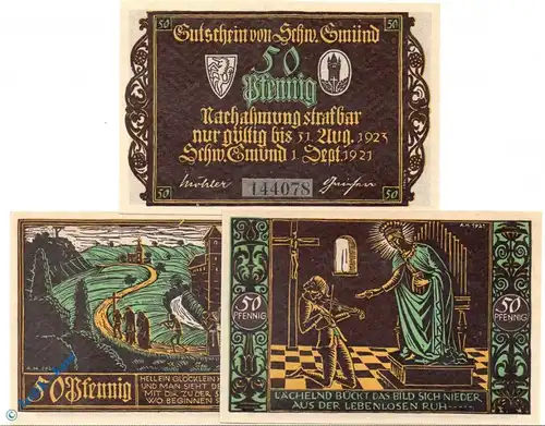Notgeld Stadt  Schäbisch Gmünd 1205.1 , Set mit 3 Scheinen in kfr. von 1921 , Württemberg Seriennotgeld