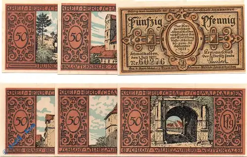 Notgeld Schmalkalden , Landschaftsbilder , Set mit 6 Scheinen , Mehl Grabowski 1184.1 , von 1921 , Thüringen Seriennotgeld