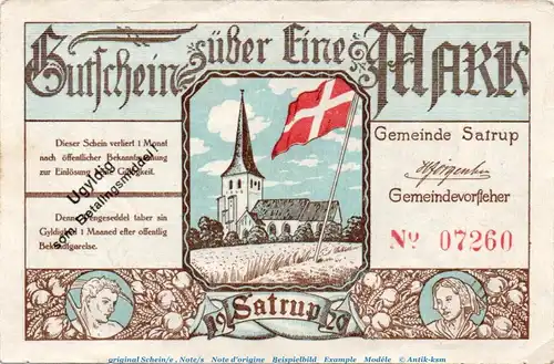 Notgeld Gemeinde Satrup 1368.2.c , 1 Mark Schein mit Aufdruck in kfr. von 1920 , dänisch Nordschleswig Seriennotgeld