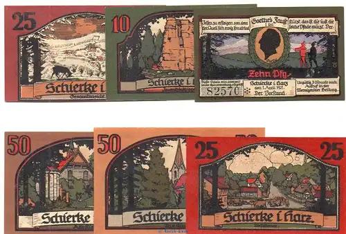 Notgeld Schierke im Harz 1179.1 , Set mit 6 Scheinen in kfr. von 1921 , Sachsen Anhalt Seriennotgeld
