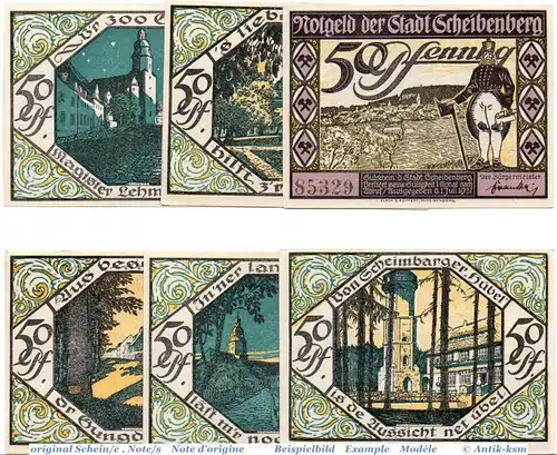 Notgeld Scheibenberg , Set mit 6 Scheinen in kfr. Mehl Grabowski 1175.1 , von 1921 , Sachsen Seriennotgeld