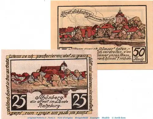 Notgeld Stadt Schönberg 1195.1 , Set mit 2 Scheinen in kfr. o.D. , Mecklenburg Vorpommern Seriennotgeld