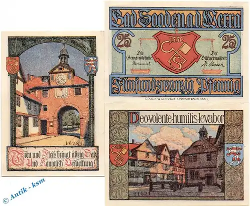 Notgeld Sooden , Set mit 3 Scheinen in kfr. Mehl Grabowski 1246.1 , von 1921 , Hessen Seriennotgeld