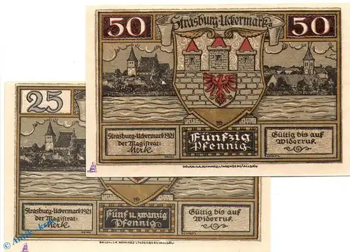 Notgeld Strasburg mit A , Set mit 2 Scheinen in kfr. Mehl Grabowski 1280.1 b , Brandenburg Seriennotgeld