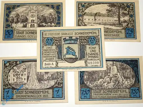 Notgeld Sparkasse Schneidemühl 1191.1.b , Set mit 5 Scheinen in kfr. o.D. , Posen Seriennotgeld