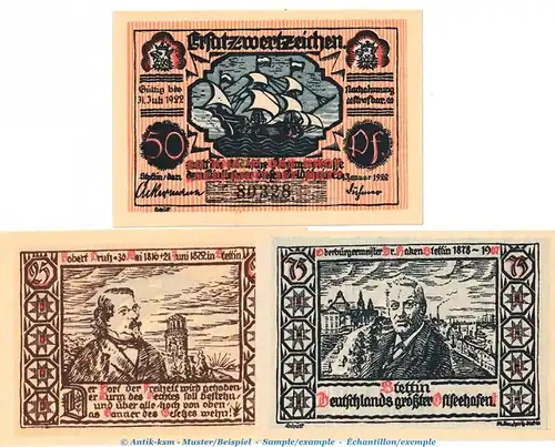 Notgeld Stadt Stettin 1270.4 , Set mit 3 Scheinen in kfr. von 1922 , Pommern Seriennotgeld