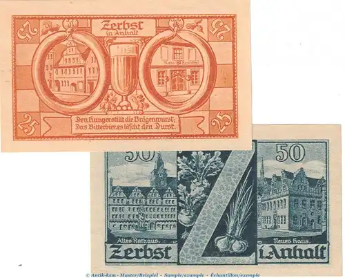 Notgeld Stadt Zerbst 1469.1 , Set mit 2 Scheinen in kfr. von 1921 , Sachsen Anhalt Seriennotgeld