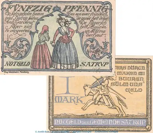 Notgeld Gemeinde Satrup 1169.1.a-b , Set mit 2 Scheinen in kfr. von 1921 , Schleswig Holstein Seriennotgeld