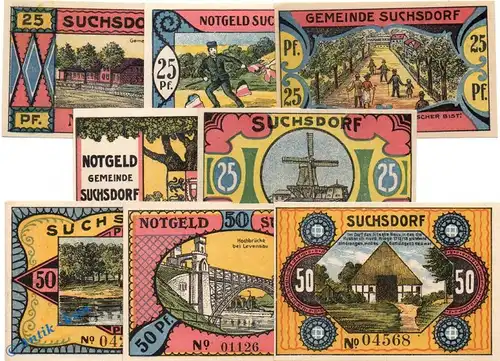 Notgeld Suchsdorf , Set mit 8 Scheinen in kfr. Mehl Grabowski 1291.1 , von 1921 , Schleswig Holstein Seriennotgeld
