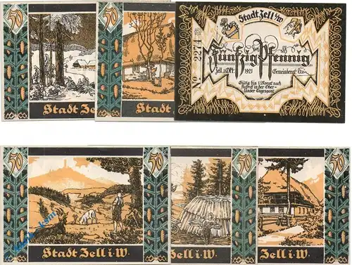 Notgeld Stadt Zell 1467.1 , Set mit 6 Scheinen in kfr. von 1921 , Baden Würrtemberg Seriennotgeld