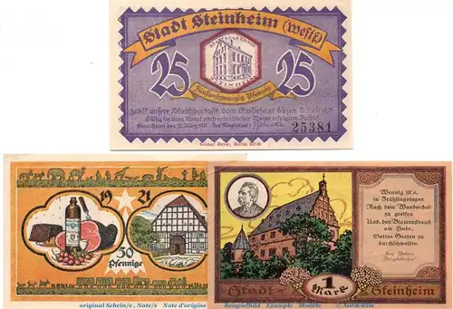 Notgeld Stadt Steinheim 1263.1 , Set mit 3 Scheinen in kfr. von 1921 , Westfalen Seriennotgeld