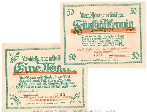 Notgeld Gemeinde Stöckheim 1272.1.a , Set mit 2 Scheinen in kfr. von 1920 , Niedersachsen Seriennotgeld