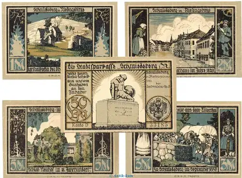 Notgeld Denkmalsausschuss Schmiedeberg 1185.1.b , Set mit 5 Scheinen in kfr. o.D. Schlesien Seriennotgeld