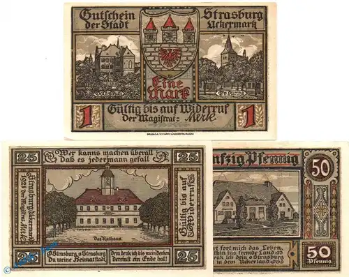 Notgeld Strasburg , Set mit 3 Scheinen in kfr. Mehl Grabowski 1280... , von 1921 , Brandenburg Seriennotgeld