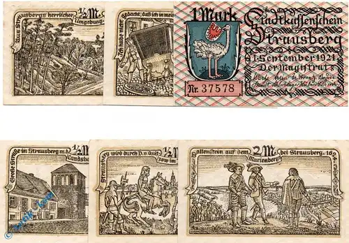 Notgeld Strausberg , Set mit 6 Scheinen , Mehl Grabowski 1281.1 , von 1921 , Brandenburg Seriennotgeld